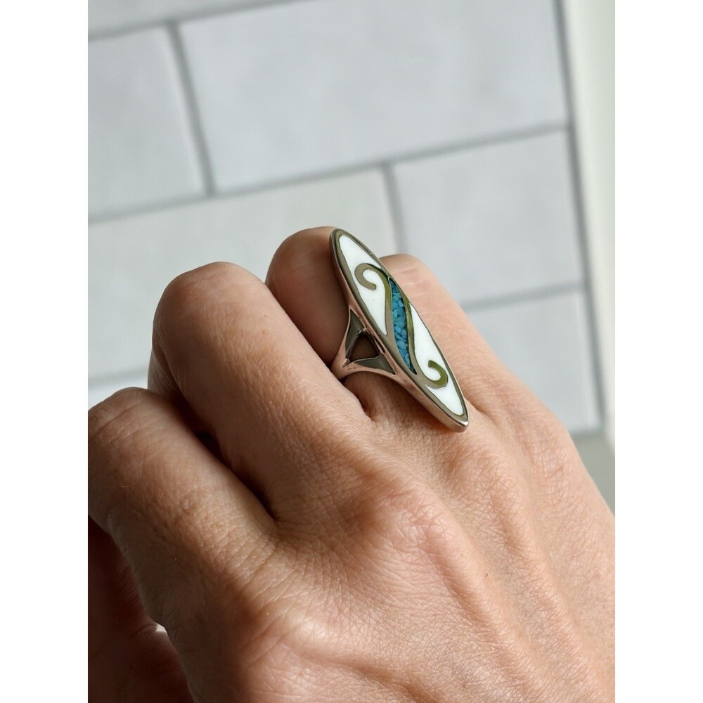 Vintage Russian Silver 84 Blue Turquoise And White  Enamel Ring Size 5 - Picture 5 of 5